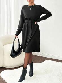 RueChic Solid Color Belted Side Mini Split Long Sleeve Midi Dress - Black - View 4