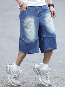 Manfinity EMRG 男士褶皱口袋阔腿休闲牛仔短裤 - 藍色 - 查看 3