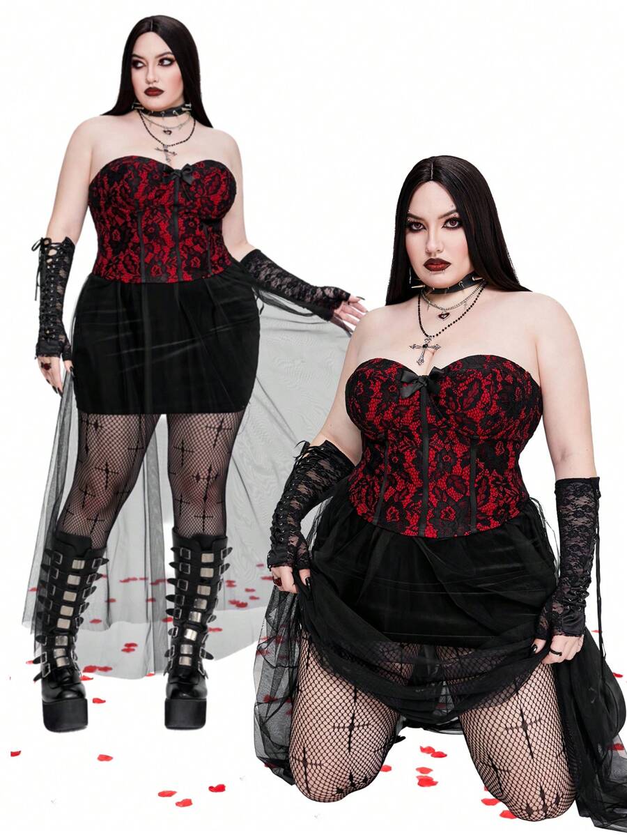 Whyspr 大码性感蕾丝紧身胸衣短款上衣，带蝴蝶结装饰，黑色和红色，适合派对/情人节，76D 花朵图案，适合夏季