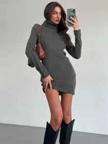 Aloruh New Style High Neck Comfortable Undershirt Versatile Coffee-Color Knitted Mini Bodycon Dress