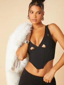 SHEIN Unity 外出聚会镂空深 V 紧身胸衣上衣 - 黑色 - 查看 5