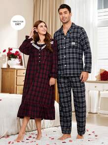 Men's Plaid Patchwork Front Button Casual Home Wear Set - Multicolor - View 5