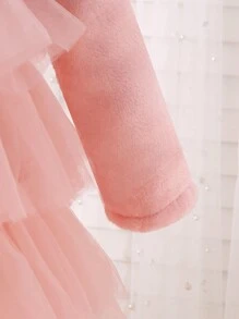 Young Girl Luxurious Double-Sided Plush Fabric Decorated Pearl Patchwork Tulle Layered Thick Dress - Pink - View 7