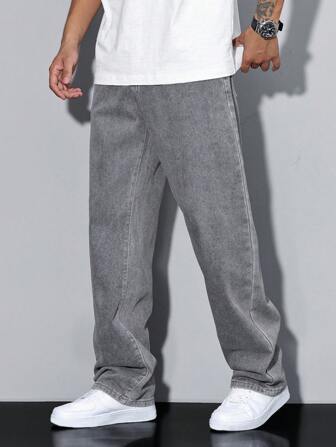 Manfinity Hypemode Jeans droits à poches obliques lavés, coupe ample pour hommes