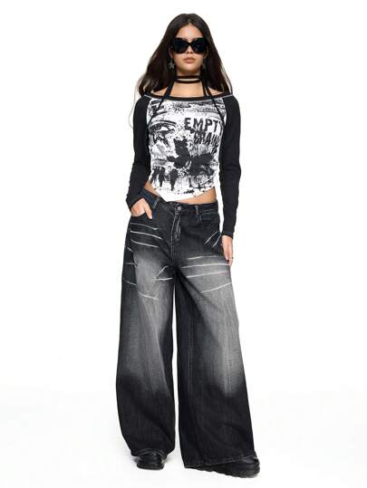 Grunge Punk Lässige Vintage-Waschung Jeans mit weitem Bein, gerade geschnitten, Boyfriend-Stil, tiefer Taille