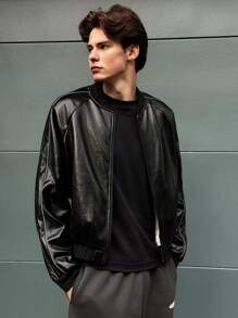 Manfinity VCAY Men's Casual PU Fabric Loose Fit Long Sleeve Jacket, Young Design, For Daily Wear, For Fall Winter