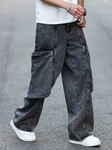 Manfinity Homme Men's Loose Fit Wide Leg Baggy Jeans With Large Pockets - Grey - View 4