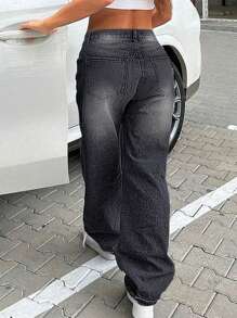 Plus Size Casual Loose Straight Leg Jeans - Dark Grey - View 2