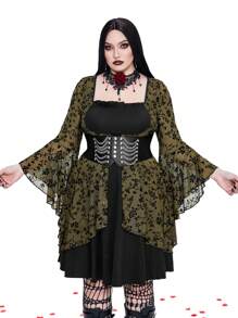 Whyspr Goth Punk Plus Size Solid Color Patchwork Long Sleeve Casual Elegant Dress Goth Women Outfit - Green - View 5