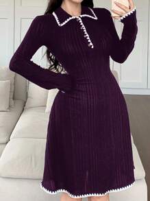 Mulvari Women Contrast Trim Front Button Casual Short Dress, Long Sleeve, Simple Style - Purple - View 5