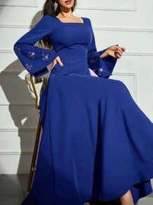 Modelyn 女士方领喇叭袖长款优雅阿拉伯连衣裙长款晚礼服 - 寶藍色 - 查看 1