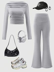 Teen Girl Elegant Light Gray High Elastic Comfortable Off-Shoulder Outfit Set, Suitable For Spring & Autumn