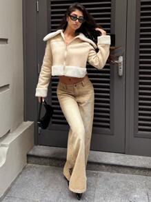 Forever 21 Women's Autumn/Winter Contrast Color Faux Shearling Collar Zipper Front Casual Jacket - Apricot - View 6