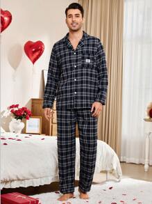 Men's Plaid Patchwork Front Button Casual Home Wear Set - Multicolor - View 6