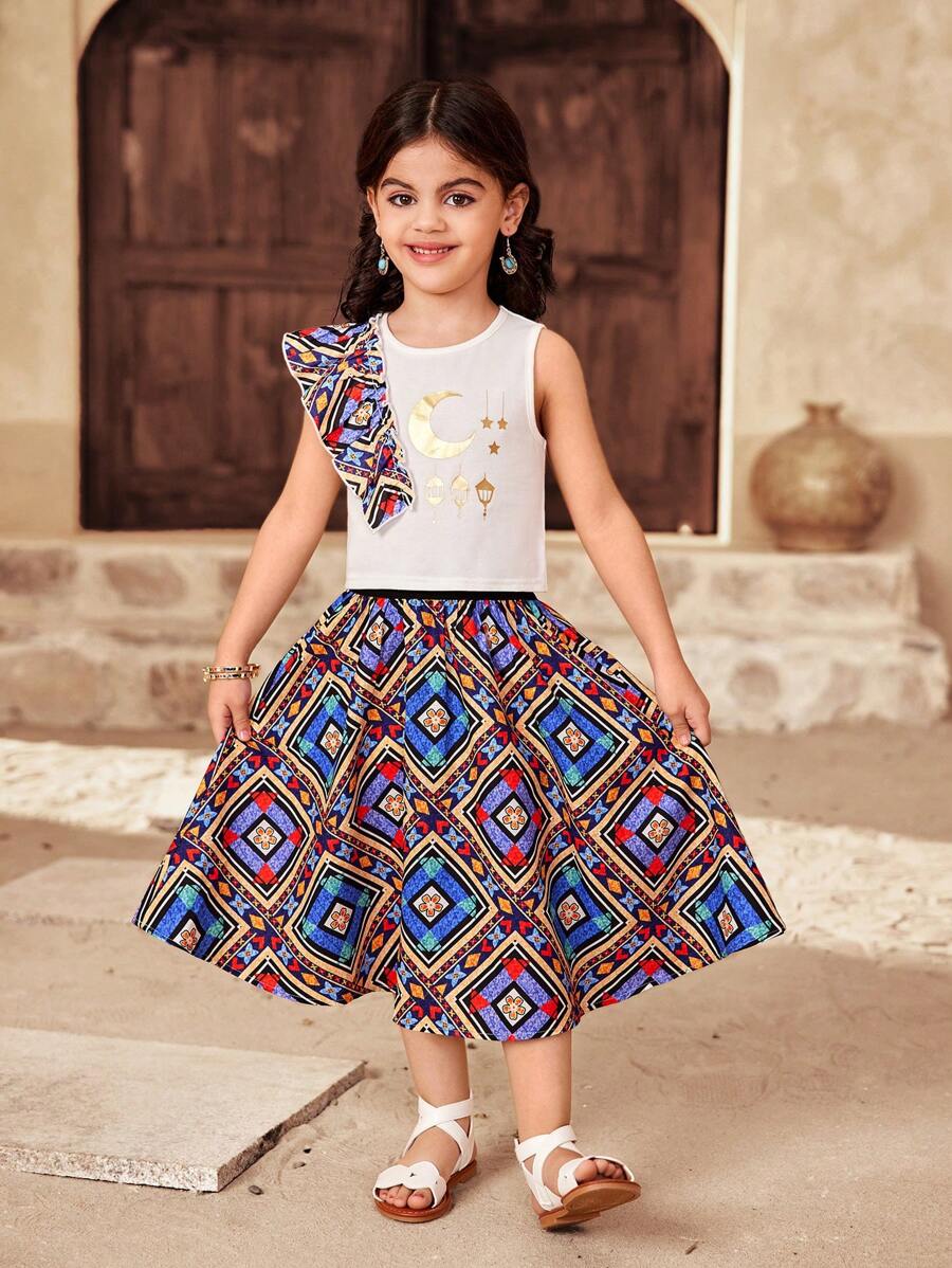 SHEIN 2pcs Setelan Baju Anak Perempuan Serasi Motif Cetak Panas, Lengan Berkerut Berlebihan, dan Rok Motif Retro untuk Musim Semi dan Musim Panas - MultiWarna - View 1