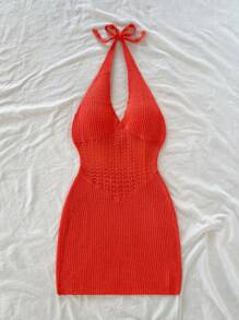 Soleia Vacation Halter Neck Backless Fitted Knit Dress - Orange - View 4