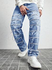Manfinity LEGND Men's Casual Denim Jeans With Front Button Pockets And Raw Hem - Medium Wash - View 5