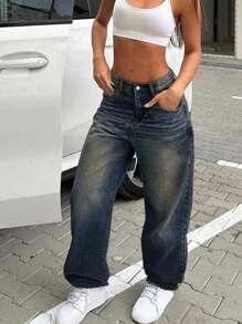 女式复古宽松直筒牛仔裤