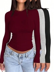 INAWLY Solva Camiseta ajustada de manga larga y cuello redondo de color liso para mujer, para otoño - Multicolor - Ver 3