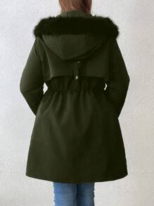 SHEIN LUNE Abrigo acolchado de talla grande para el invierno, de unicolor, manga larga, cuello alto con ribete de piel