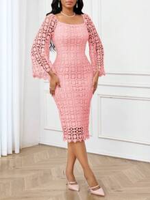 SHEIN Lady Robe de bal de mascarade de saison automnale. Robe élégante pour femme en automne, robe violette en dentelle au tissu ajouré. Robe de mariée en dentelle. Robe de retour aux études violette. Tenue élégante avec manches longues en dentelle pour concert. Robe à manches longues évasée et élégante pour femme en automne - Vieux Rose - Voir 8