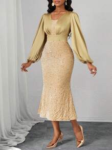 SHEIN Lady 天鹅绒亮片缎面优雅金裙圣诞派对礼服圣诞女装长袖连衣裙跨年晚礼服女士长裙鱼尾修身节日连衣裙女士长裙 - 黑色 - 查看 6