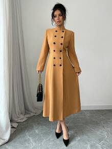 Elenzga Áo khoác dài thanh lịch, cổ bẻ, eo ôm vừa vặn hai hàng khuy cho nữ - Màu nâu  Mocha - Xem 7