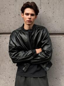 Manfinity VCAY Men's Casual PU Fabric Loose Fit Long Sleeve Jacket, Young Design, For Daily Wear, For Fall Winter