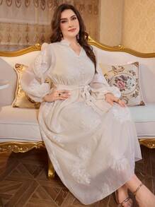 Modelyn 大码 V 领系腰休闲长裙，简约风格长袖 - 杏色 - 查看 6