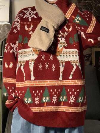 男士长袖圣诞图案简约毛衣，休闲节日日常穿着