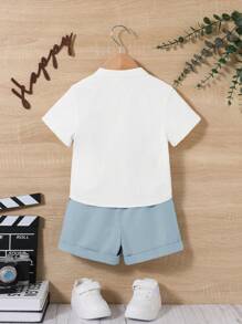 SHEIN Leap Crew 2 件装男童/女童纯色立领短袖开衫上衣配蝴蝶结装饰和休闲短裤套装