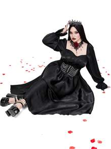 Flirla 大码浪漫纯色腰部合身长袖连衣裙哥特女装 - 黑色 - 查看 5