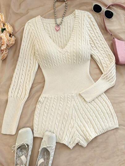 Soleia 秋冬女士纯色V领长袖简约休闲毛衣连体裤