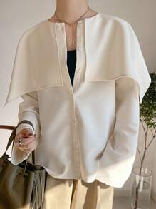 FRIFUL Blusa casual de manga larga de un solo color con botones delanteros para mujer, para uso diario - Blanco - Ver 6