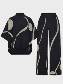 Chiquease 女士立领长袖简约毛衣上衣和长裤 2 件套 - 黑色 - 查看 3