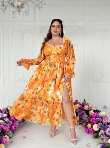 Flirla Stylish & Elegant French Style Floral Print Square Neck Off-Shoulder Puff Sleeve Waist Slimming Chic Dress For Women - Multicolor - View 7