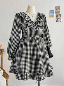 Soleia Plus Size Women Plaid V-Neck Ruffle Hem Double Layer Shirt Dress, Casual Holiday Outfit For Autumn/Winter & Valentine's Day