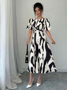 RosyDaze Black & White Asymmetrical Print Twist Knot Dress, Twist Knot Strap Vacation Casual Dress - Black - View 5