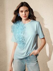 Anewsta Round Neck Short Sleeve Elegant Floral Decor T-Shirt, Summer For Valentine's Day, New Year Occasions, Date Night