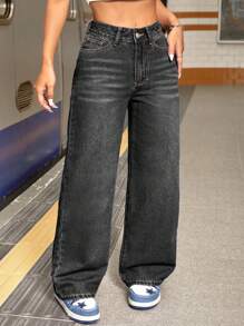 SHEIN PETITE Women's Front Button Pocket Simple Design Jeans, Casual For Everyday Wear