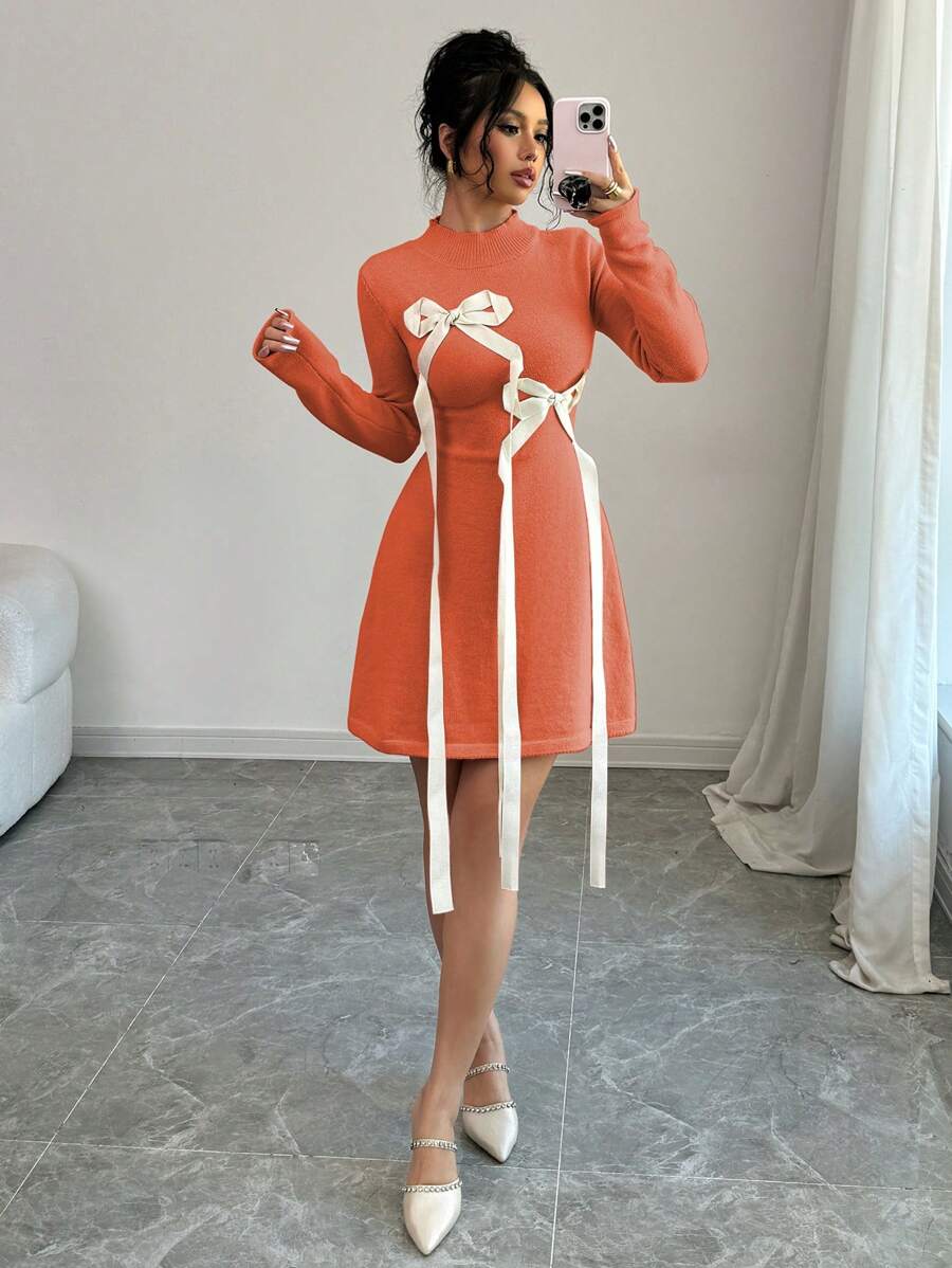 Selianne 女士蝴蝶结腰部毛衣连衣裙 - 橘色 - 查看 1