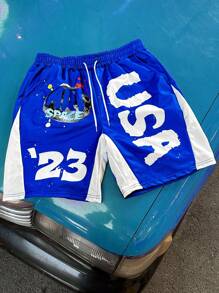 Manfinity EMRG 3pcs Men Graffiti Pattern Digital Print Patchwork Shorts Set ,Men's Young Street Style Oversized Number English Starry Sky Graffiti Color-Block Shorts Three-Piece Set.