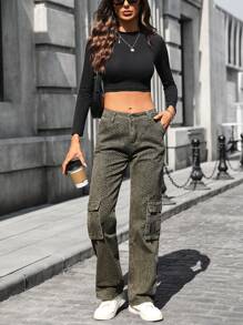 SHEIN EZwear Jeans de tela vaquera de cintura regular con estampado de camuflaje, de corte holgado y versátil, adecuados para todas las estaciones