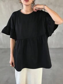 FRIFUL Women's Solid Color Ruffle Short Sleeve Loose T-Shirt For Outdoor/Beach Summer