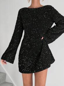 SHEIN Essnce Vestido miniminimalista casual de manga larga con decoración de lentejuelas para mujer