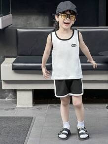 DAZY 2 Peças/Conjunto Colete e Shorts com Recorte Colorido para Menino Jovem - Preto e Branco - Visão 7