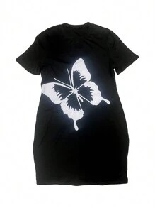 INAWLY Große Größe Lässig Schmetterlingsprint figurbetonte Kurzarmkleid für den Sommer