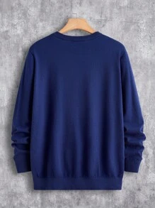 Manfinity Homme 男士休闲笑脸图案圆领毛衣套头衫，秋冬 - 藏蓝色 - 查看 2