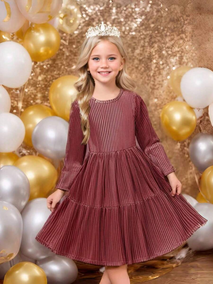 SHEIN Váy nhung viền bèo nhún cho bé gái - Hồng - Xem 1