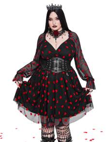 Whyspr 大码方领植绒网眼长袖性感优雅约会派对情人节复古心形、玫瑰、心形、波尔卡圆点、爱心、嘴唇、丘比特、花卉印花连衣裙 - 黑色 - 查看 5